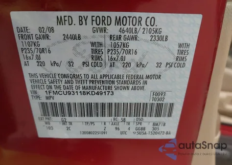 2008 Ford Escape Xlt z USA, uszkodzony, nr VIN 1FMCU93118KD49173